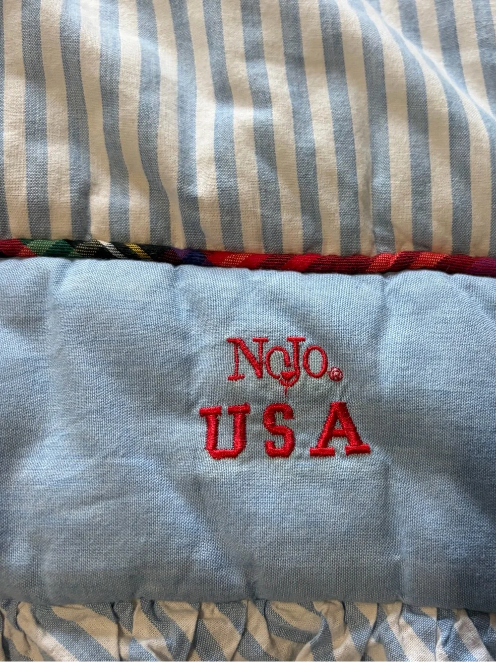 Vintage NoJo USA Teddy Bear Baby Blanket Quilt Playmat Ruffle Blue Striped 90s